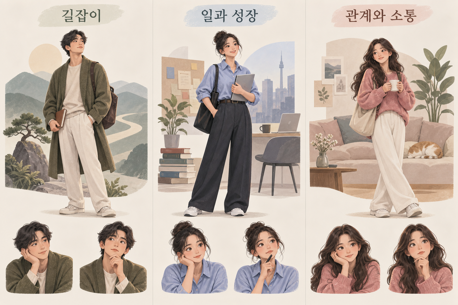 길잡이, 일과 성장, 관계를 함께 이야기하는 세 친구
